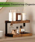 Two Tier Countertop Spice Rack Organizer In Rustic Brown Wood Finish on bathroom counter with cosmetics