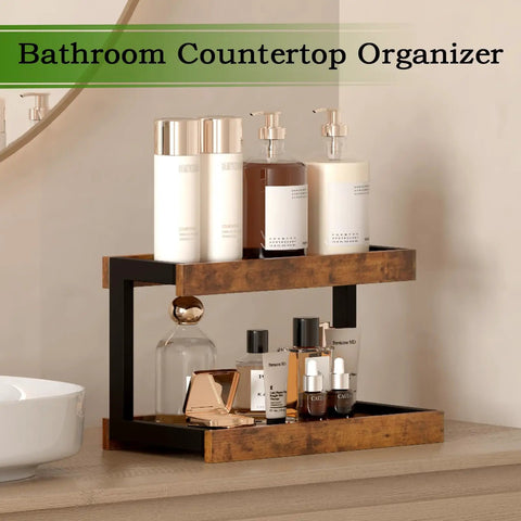 Two Tier Countertop Spice Rack Organizer In Rustic Brown Wood Finish on bathroom counter with cosmetics