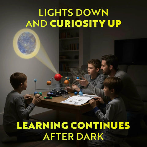 Epic Solar System Model Kit For Kids With 4 Speed Motor And HD Planetarium Projector used by family at night.