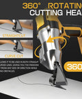 Cordless Metal Shear For Sheet Metal And More, Heavy Duty Brushless Electric Cutter Compatible With DeWalt 20V Max Batteries, Cuts Stainless Steel Iron Copper Leather Cardboard Carpet No Battery Included, showing 360° rotating head feature for straight and curve cuts on metal sheet
