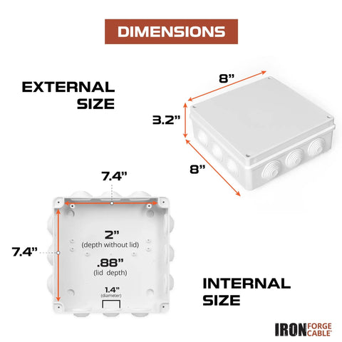 Outdoor Electrical Box 8x8x3.2 Inches White Waterproof IP65 ABS Plastic Drillable Cover dimensions diagram