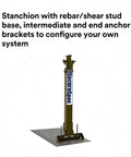 Rugged Steel Horizontal Lifeline System With Plug And Play Stanchion Base for rebar, includes intermediate and end safety brackets.