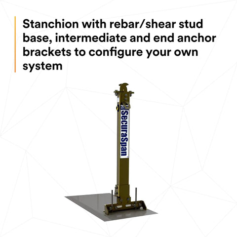 Rugged Steel Horizontal Lifeline System With Plug And Play Stanchion Base for rebar, includes intermediate and end safety brackets.