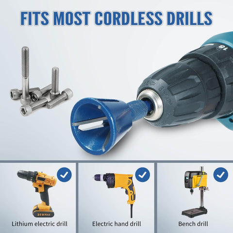 Go-To All Thread Deburring Tool With Quick Release 1/4 Inch Hex Shank attached to a cordless drill for external chamfer and burr removal