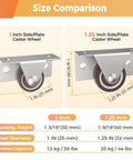 Size comparison of Heavy Duty One Inch Low Profile Side Mount Caster Wheels With Solid Rubber Fixed Rollers for wooden furniture.