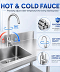 Diagram of Workhorse Utility Sink With Built In Workbench And Hot Cold Mixer Faucet in Stainless Steel showing 360-degree swivel spout.