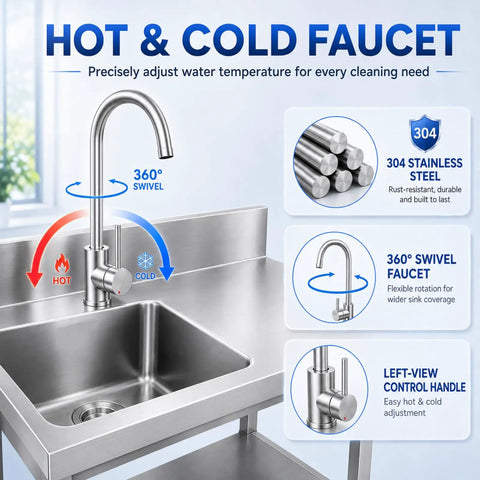 Heavy Duty Utility Sink With Freestanding Design, Single Bowl And Built In Workbench, NSF Certified SUS304 Stainless Steel With brushed finish, featuring hot and cold faucet with 360 swivel in kitchen setting
