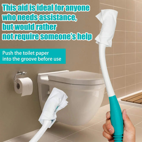 Person using Long Reach Comfort Toilet Wiping Aid For Limited Mobility Easy Self Assist Tool With Extended Grip in bathroom setting.