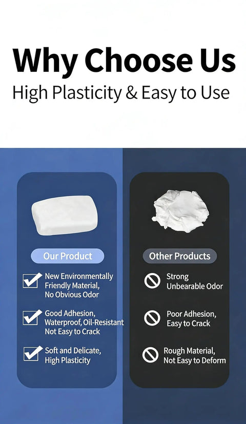 Comparison chart showing advantages of Waterproof Duct Seal Putty 8 Pack White Sealing Clay over other products.