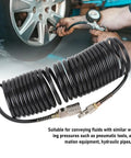 Level Up Your Garage Vibes With This Super Sweet Spiral Air Hose One Quarter Inch ID 16 4 Feet PE Coiled Compressed Air Line Featuring Self Retracting Design That Prevents Tangling And Saves Storage Space For Pro Shop Needs. black coiled air hose with fittings for tire inflation