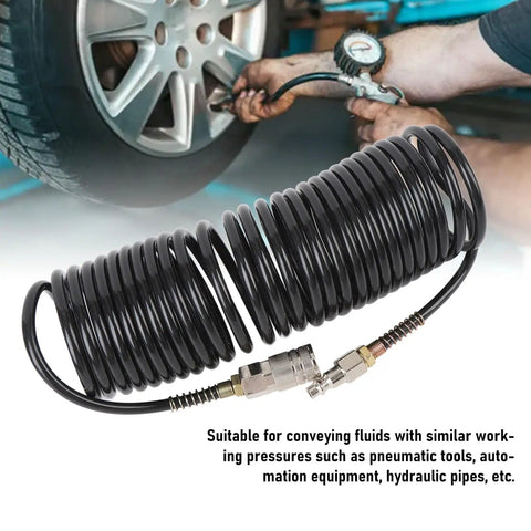 Level Up Your Garage Vibes With This Super Sweet Spiral Air Hose One Quarter Inch ID 16 4 Feet PE Coiled Compressed Air Line Featuring Self Retracting Design That Prevents Tangling And Saves Storage Space For Pro Shop Needs. black coiled air hose with fittings for tire inflation
