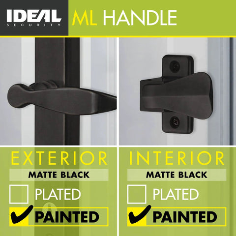 Out Swing Door Lever with Deadbolt Lock Matte Black Replacement Handle for Storm Doors Keyed Entry Not Compatible with Mortise Sets Easy Install for Exterior Doors and Surface Mounted Hardware, showing exterior and interior views.