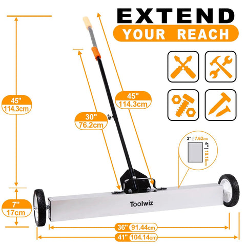 Heavy Duty 36 Inch Rolling Magnetic Sweeper With Quick Release Handle That Works Like A Charm To Sweep Up Nails Screws Washers And Metal Debris From Garage Floors with dimensions.