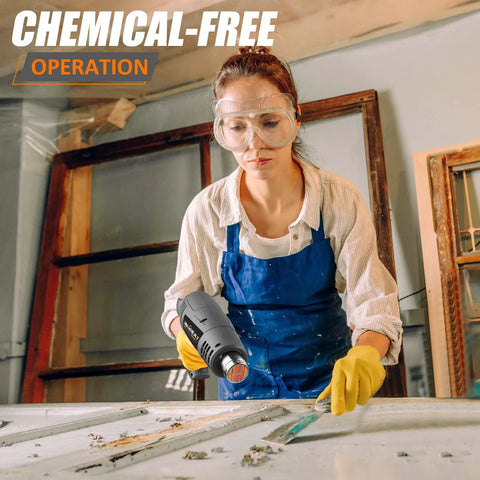 Woman using Beast 1600W Heat Gun With Dual Temperature Control for paint stripping, featuring chemical-free operation sign.