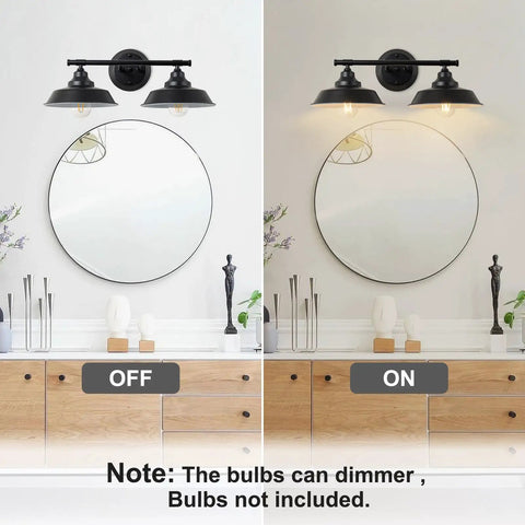 Two Light Matte Black Bathroom Vanity Light Bar for Mirror Dope Farmhouse Rustic style, on and off demonstration over vanity.