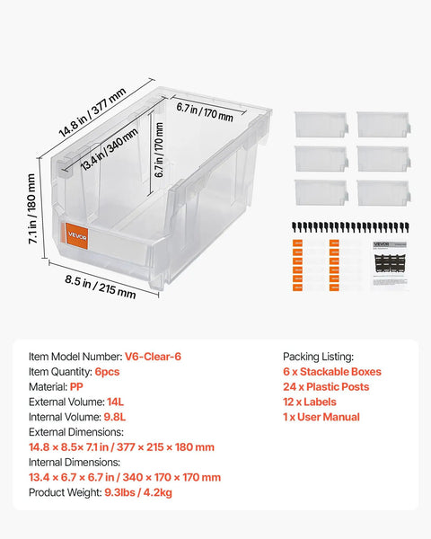 Clear Stackable Storage Bins 6 Pack, 14.8 By 8.5 By 7.1 Inches, Durable Plastic Containers shown with dimensions and components.