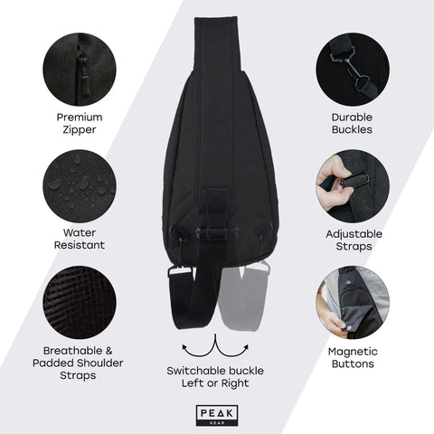 Travel Sling Bag For Daily Use, A Lightweight Crossbody That Is Slim, Compact, And Ready For Commutes Or Travel, Includes Lifetime Lost And Found ID Tag, Water Resistant Black Finish with features like premium zippers, durable buckles, adjustable straps, and magnetic buttons.