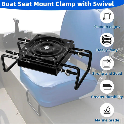 Clamp On Boat Seat Pedestal Mount With 360 Degree Swivel For Jon Boats Kayaks And Fishing Boats With Benches And Bass Skiffs Adjustable From Seven And A Half Inches To Eighteen Inches Powder Coated Galvanized Steel mounted on boat.