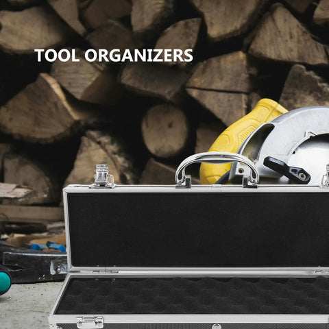 Durable Aluminum Tool Organizer Box With Secure Twist Latches Portable Travel Case Scratch Proof Exterior open with black interior.