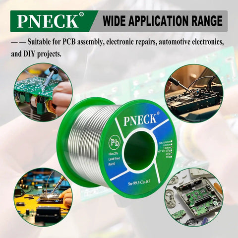 Lead Free Solder Wire Sn99.3 Cu0.7 with Rosin Core Flux for easy electrical soldering shown in various DIY applications.