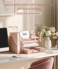 Rose Gold 4 Tier Desk File Organizer With 4 Letter Trays Vertical File Holder Sliding Drawer And 2 Pen Holders on office desk