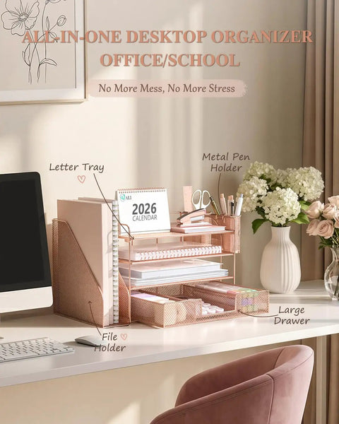 Rose Gold 4 Tier Desk File Organizer With 4 Letter Trays Vertical File Holder Sliding Drawer And 2 Pen Holders on office desk
