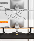 Before and after use of 38 Inch Under Desk Cable Management Tray With Clamp And Screw Mount No Drill Setup under desk view