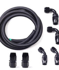 12AN 10Ft Universal Braided Stainless Steel Fuel Line Kit With Nylon CPE Hose And 6 Rotary Swivel Ends, hose and fittings displayed