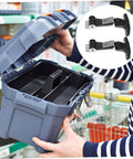 Person holding blue toolbox with open lid, inset shows 2 pack stainless steel T handle draw latches with flexible rubber.