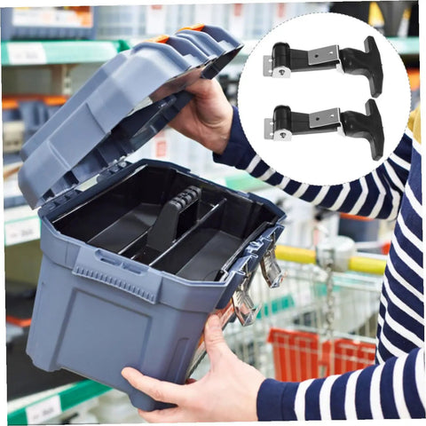 Person holding blue toolbox with open lid, inset shows 2 pack stainless steel T handle draw latches with flexible rubber.