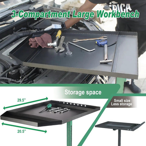 Pro Grade Adjustable Height Rolling Work Table On Wheels With Heavy Duty Steel in use with wrenches and tools on workbench.