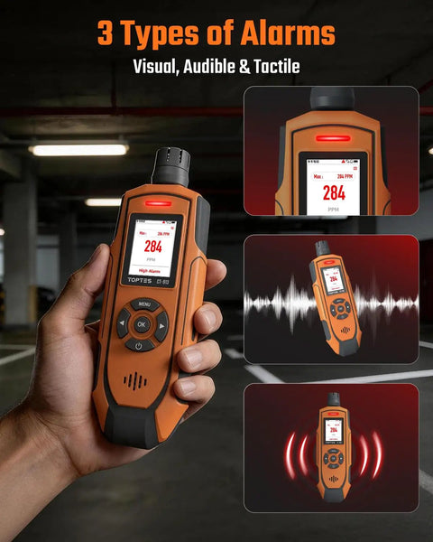 Rechargeable Portable Carbon Monoxide Detector with Upgraded Sensor displaying 284 PPM on TFT Color Display with Triple Alarms.