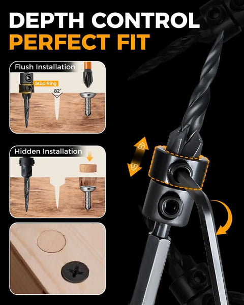 All In One Countersink Drill Bit Set For Woodworking By Comoware, 15-Piece Set shown with flush and hidden installation examples.
