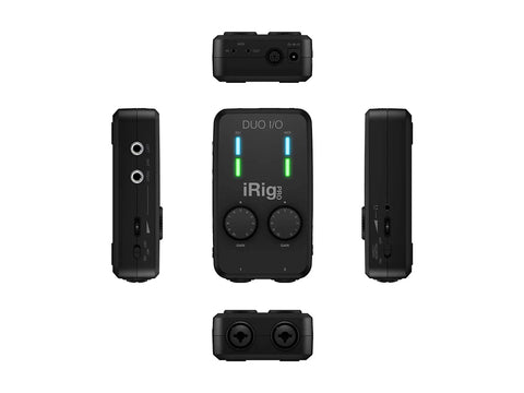 Front and side views of iRig Pro Duo IO USB audio interface dual channel 24 bit with TRS balanced outputs and headphone jack.