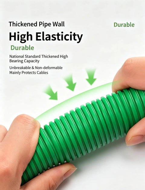 Heavy Duty Polypropylene Conduit For Flexible Cable Raceway With Flame Resistant Cover To Keep Wires Secure On Gritty Work Sites And Deliver Snag Free Routing For Serious DIY Projects Tonight, showing thickened pipe wall and elasticity.