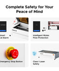 Complete safety features including Smart Lid Alarm, Emergency Stop Button, and Intelligent Water Flow Protection for the Badass 70W Desktop CO2 Laser Engraver And Cutter Rig.