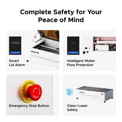 Complete safety features including Smart Lid Alarm, Emergency Stop Button, and Intelligent Water Flow Protection for the Badass 70W Desktop CO2 Laser Engraver And Cutter Rig.