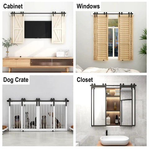 Six Foot Mini Bypass Barn Door Hardware Kit For Four Doors Heavy Duty Cabinet Track System For Cabinets TV Stands And Cupboards Loads Up To 110 Lbs With 3.54 Inch Clearance Above Door