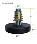 Heavy Duty Screw In Furniture Levelers Feet 4 Pack With 3/8-16 Threaded Bolts For Tables And Chairs, 1 Inch Adjustable Legs, 1.5 Inch Base, Thread Pitch 16, Height Adjusts From 0.25 To 1.25 Inches, Pro Grade, Durable Home Office Setup - Close-up of single leveler showing dimensions and thread pitch.
