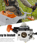 Carburetor Replacement Kit With Air Filter For Stihl FS89 FS91 FS91R FS111 shown with easy installation graphic and trimmer in use