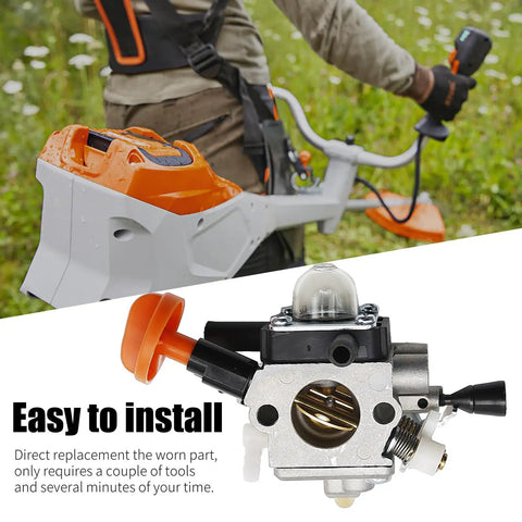 Carburetor Replacement Kit With Air Filter For Stihl FS89 FS91 FS91R FS111 shown with easy installation graphic and trimmer in use