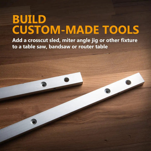 Heavy Duty T Slot Miter Bar Three Quarters By Eighths By Thirty Six Inches With Screw Kit For Router Table Band Saw And Taper Jig Solid Workbench Upgrade Tight Cuts Woodworking Jig Fixture Two Pack on wooden surface.