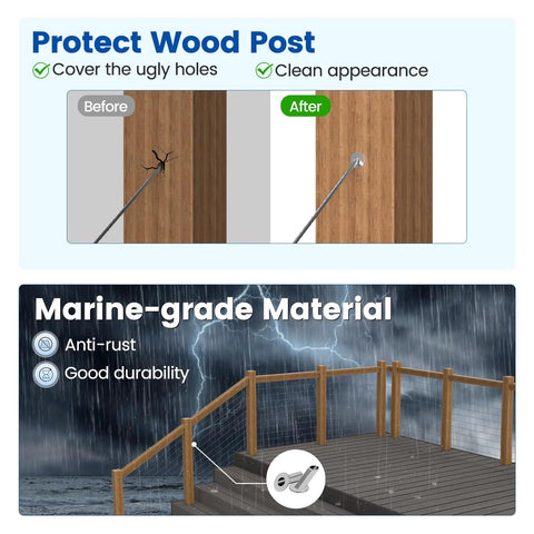 Comparison of wood post before and after using Upgraded 40 Pack 30 Degree Cable Railing Angle Sleeves For Wood Posts Fits 1/8 5/32 3/16 Inch Cables Stainless Steel Protectors For 25 To 35 Degree Stairs And Ramps No Fuss Install With Drill Bit, showcasing anti-rust marine-grade material.