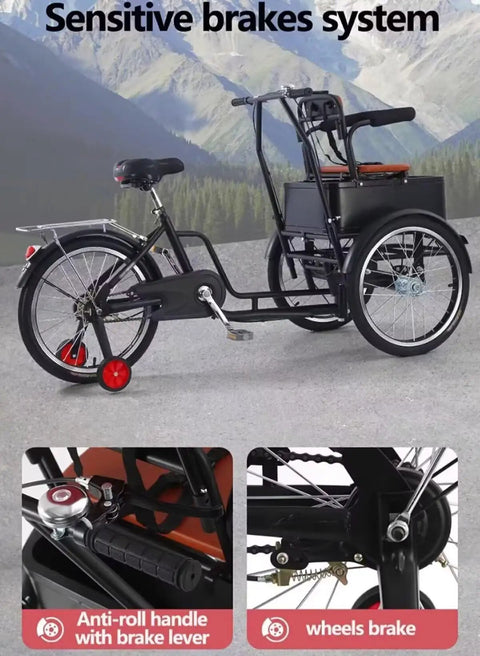 Three Wheel Pedal Tricycle With Detachable Training Wheels, Front Seat Tandem Trike, featuring dual brakes and guardrail