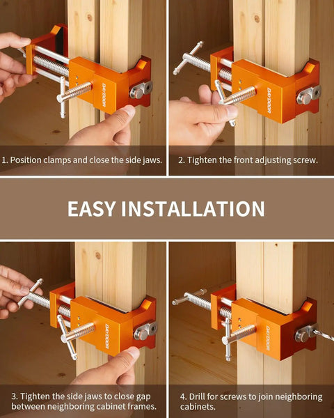 Rock Solid Face Frame Cabinet Clamps Featuring Integrated Drill Guide For Dead Center Pilot Holes And No Sweat Screw Driving Dependable Two Pack Woodworking Kit in use for easy installation.