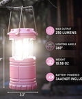 Pink LED Camping Lanterns With Portable Handle, Super Bright COB Light, 360 Degree Beam, Weatherproof ABS shown on tree branch