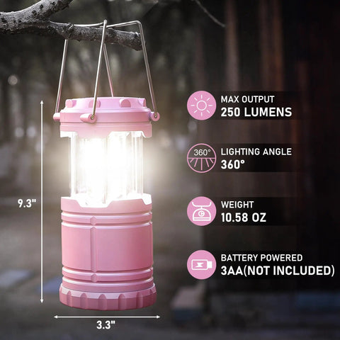 Pink LED Camping Lanterns With Portable Handle, Super Bright COB Light, 360 Degree Beam, Weatherproof ABS shown on tree branch