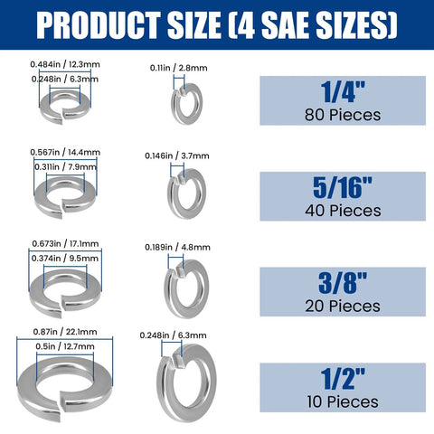 Heavy Duty Stainless Steel Lock Washers Kit 150 Pcs 18 8 304 Grade Spring Lock Washers Assortment For Auto DIY Marine Use Rust Resistant Built To Last Hardware Great For Home And Workshop Projects sizes 1/4 to 1/2