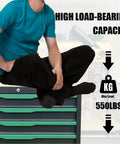 Person sitting on the Beefy Rolling 14 Drawer Tool Chest demonstrating high load-bearing capacity