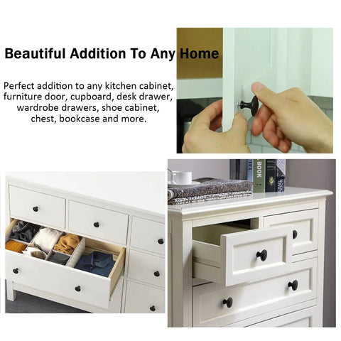 Person installing 12 Pack Black Aluminum Cabinet Knobs With Screws on kitchen cabinet and bedroom furniture drawers.